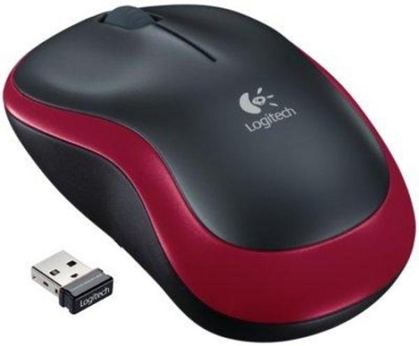 Мышь беспроводная оптическая Logitech M185 Wireless Mouse, USB, 2 кнопки, колесо, FM 10м, 1*AA, для ноутбука, черный-красный, 910-002240