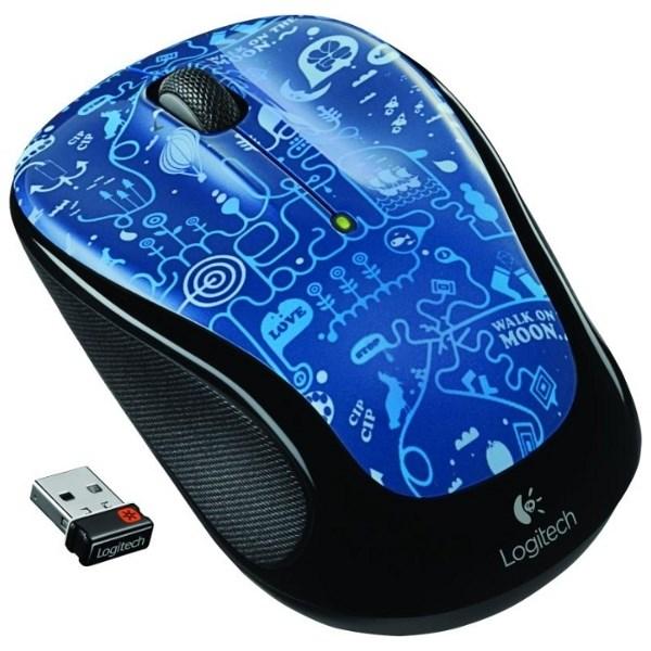Мышь беспроводная оптическая Logitech M325 "Blue Smile" Wireless Mouse, USB, 3 кнопки, колесо, FM, 1*AA, для ноутбука, черный-синий, с рисунком, 910-003268