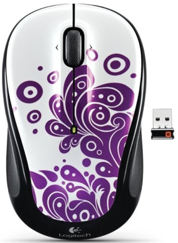 Мышь беспроводная оптическая Logitech M325 "Purple Swirls" Wireless Mouse, USB, 3 кнопки, колесо, FM, 1*AA, для ноутбука, черный-белый, с рисунком, 910-003020