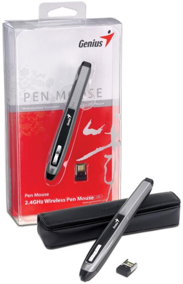 Мышь беспроводная оптическая Genius Pen Mouse, USB, 3 кнопки, FM 10м, 1200/800/400dpi, 1*AAA, серебристый-черный