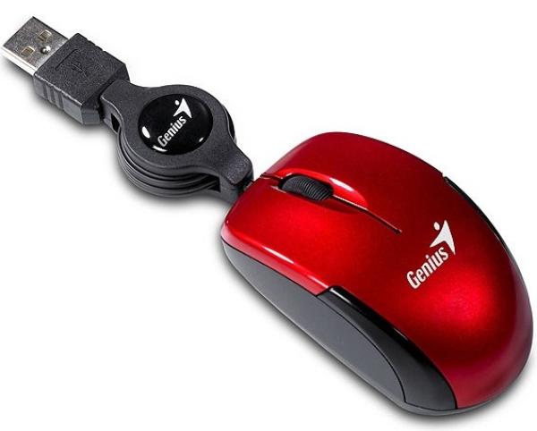 Мышь оптическая Genius Micro Traveler, USB, 3 кнопки, колесо, 1200dpi, кабель на катушке, для ноутбука, красный-черный
