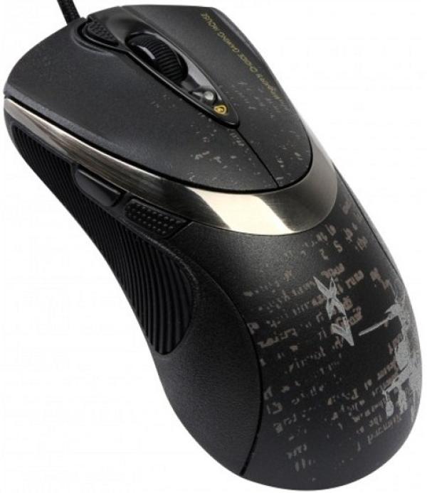 Мышь оптическая A4 Tech F4, USB, 160КB, 7 кнопок, колесо, 3000/1600/1200/800/400dpi, кнопка двойного клика, программируемая, черный, с рисунком