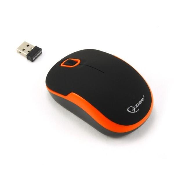 Мышь беспроводная оптическая Gembird MUSW-200BKO, USB, 3 кнопки, колесо, FM 10м, 1600/1000dpi, 1*AA, для ноутбука, черный-оранжевый