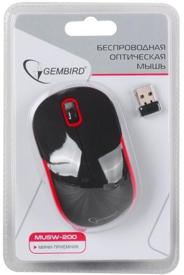 Мышь беспроводная оптическая Gembird MUSW-200BKR, USB, 3 кнопки, колесо, FM 10м, 1600/1000dpi, 1*AA, для ноутбука, черный-красный
