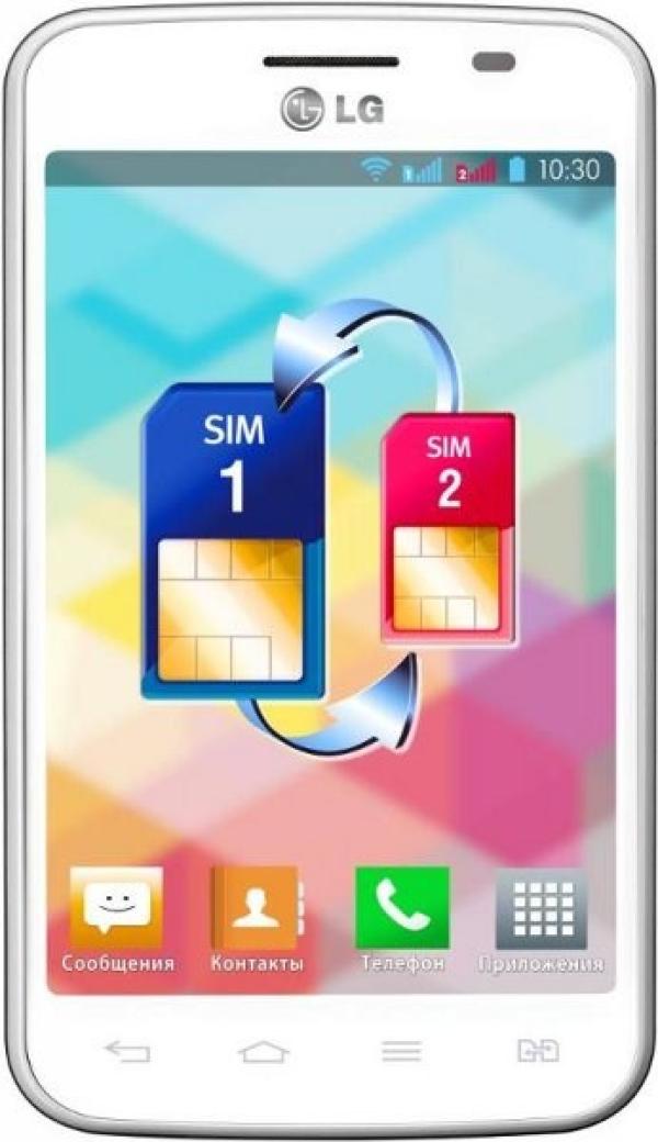 Смартфон 2*sim LG Optimus L4 II Dual (E445), 1*1ГГц, 4GB, 3.8" 480*320, SD-micro, GSM/3G, GPS, BT, WiFi, G-sensor, радио, камера 3Мпикс, Android 4.1, 65*12*113мм 125г, белый