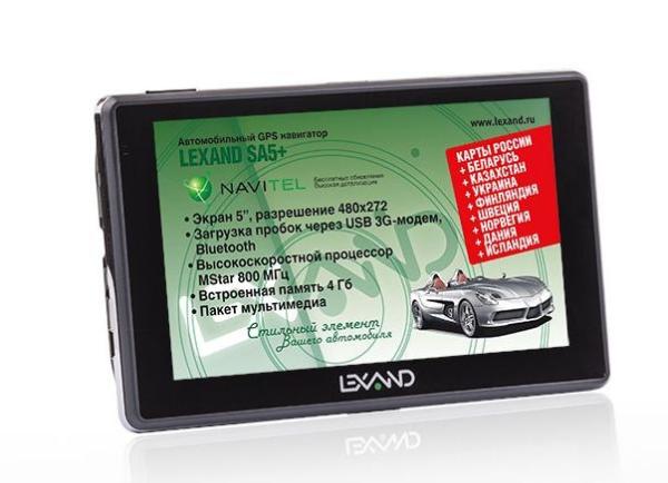 GPS навигатор автомобильный Lexand SA5+, 64 каналов, 4GB, ЖКД 5" 480*272, SD-micro, USB2.0, Bluetooth, подсветка, сенсорный экран, Li-Ion, 2ч, Навител Навигатор 8.7, 135*85*10мм 160г