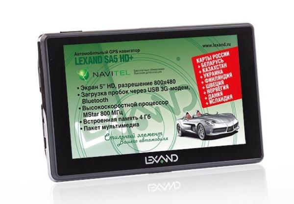 GPS навигатор автомобильный Lexand SA5 HD+, 64 каналов, 4GB, ЖКД 5" 800*480, SD-micro, USB2.0, Bluetooth, подсветка, сенсорный экран, Li-Ion, 2ч, Навител Навигатор 8.7, 135*85*10мм 160г