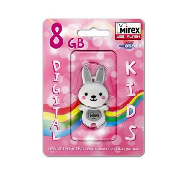 Флэш-накопитель USB2.0   8GB Mirex RABBIT GREY 13600-KIDRBG08, прорезиненный, белый-серый, стильный дизайн