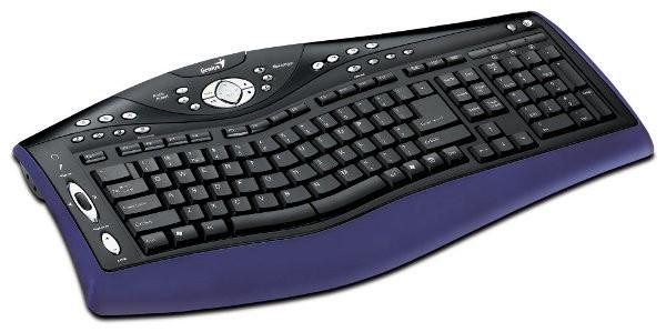 Клавиатура Genius Ergo Media 700, USB, эргономичная, Multimedia, 36 кнопок, колесо <>, выход на наушники, микрофонный вход, черный-синий