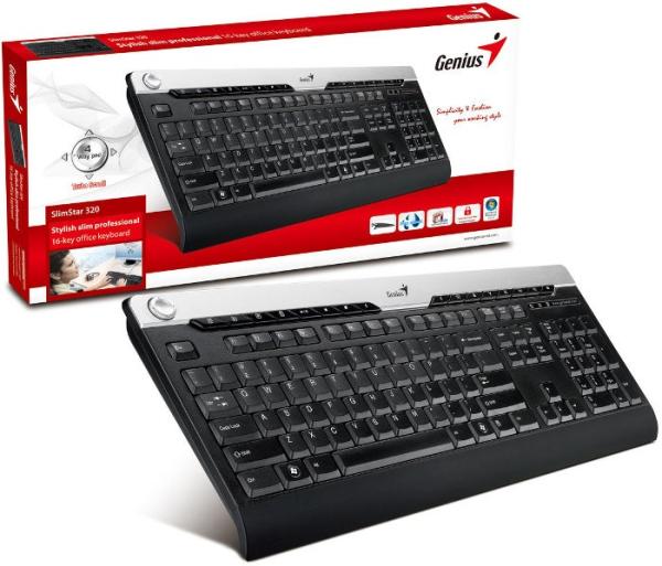 Клавиатура Genius SlimStar 320, USB, Multimedia 16 кнопок, джойстик, подставка для запястий, влагозащищенная, черный-серебристый