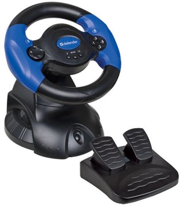 Руль для PC Defender Adrenaline Mini LE, USB, 10 кнопок, 2 педали, 2 подрулевых рычага, черный-синий