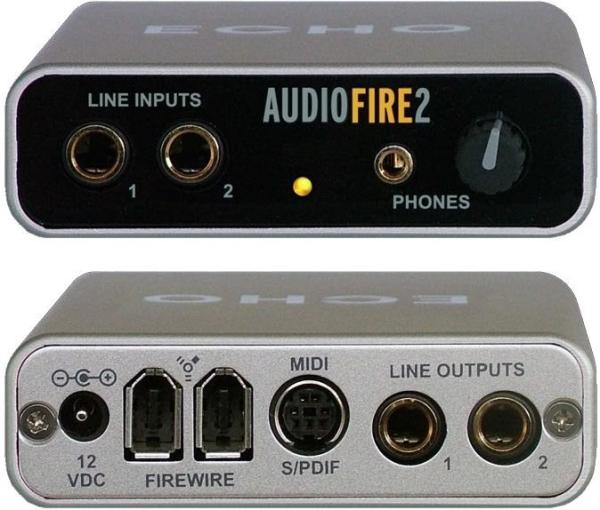Звуковой интерфейс Echo AudioFire 2, IEEE1394a, аудио входы 2 линейных/ MIDI/ SPDIF Coaxial, выходы 2 линейных/ на наушники/ MIDI/ SPDIF Coaxial, retail