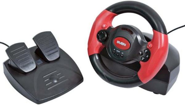 Руль для PC Sven Speedy, USB, обратная связь, 10 кнопок, 2 педали, 2 подрулевых рычага, черный-красный