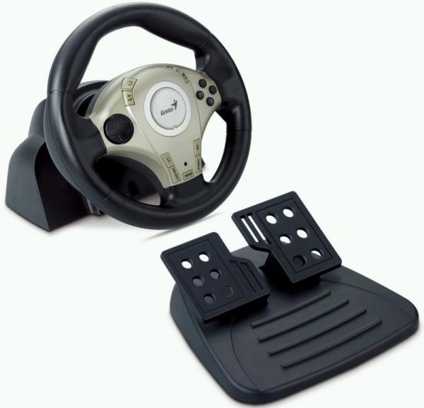 Руль для PC/PS2 Genius Twin Wheel F1, USB, вибрация, 12 кнопок, 2 педали, 2 подрулевых рычага, черный-серебристый