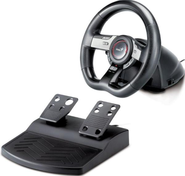 Руль для PC/PS3 Genius Speed Wheel 5 Pro, USB, вибрация, 11 кнопок, 2 педали, 2 подрулевых рычага, черный-серебристый