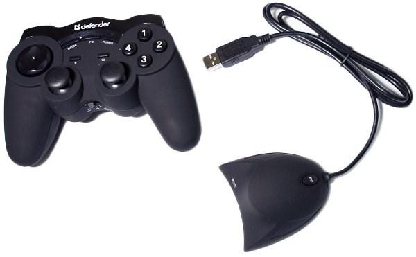 Игровой манипулятор GamePad беспроводной для PC Defender Game Racer Wireless G2, вибрация, 8 позиций, 12 кнопок, 2 аналоговых джойстика, USB, FM, 3*AAA, черный