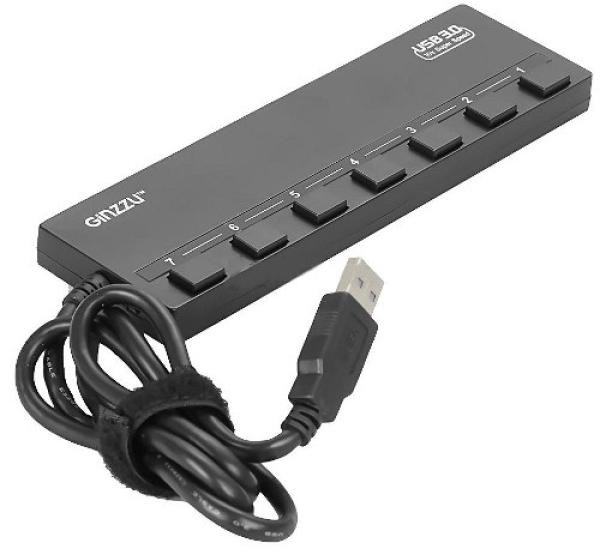 Разветвитель USB, 7*AF Ginzzu GR-388UAB, активный, пластик, 4*USB3.0+3*USB2.0, черный