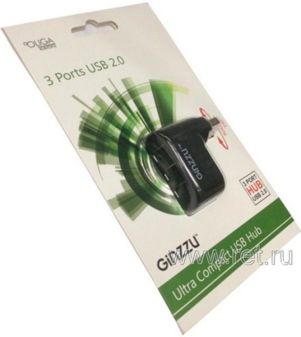 Разветвитель USB2.0  3*AF Ginzzu GR-410UB, пассивный, пластик, черный