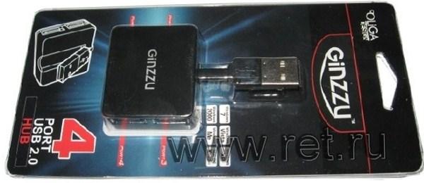 Разветвитель USB2.0  4*AF Ginzzu GR-414UB, пассивный, пластик, черный