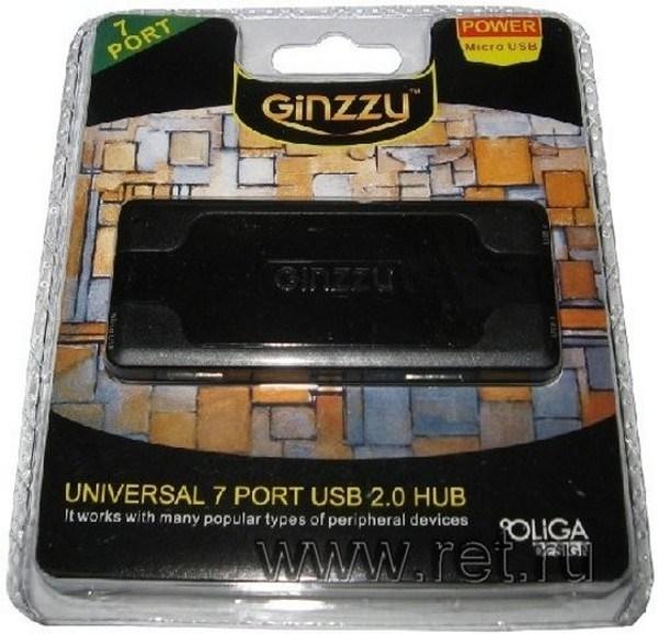 Разветвитель USB2.0  7*AF Ginzzu GR-415UB, пассивный, пластик, черный