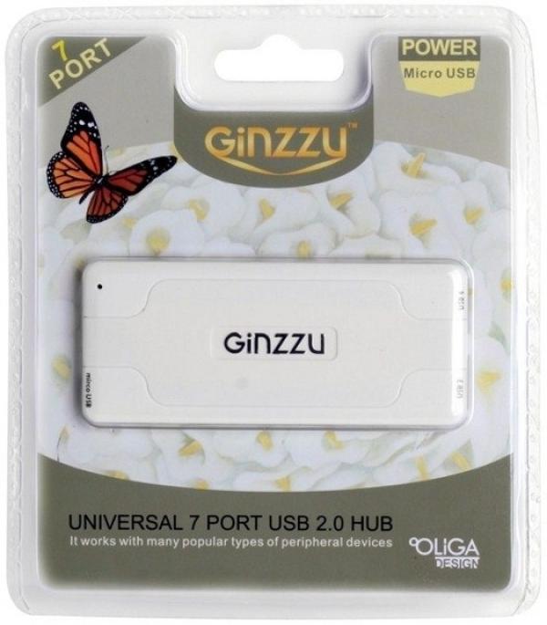Разветвитель USB2.0  7*AF Ginzzu GR-415UW, пассивный, пластик, белый
