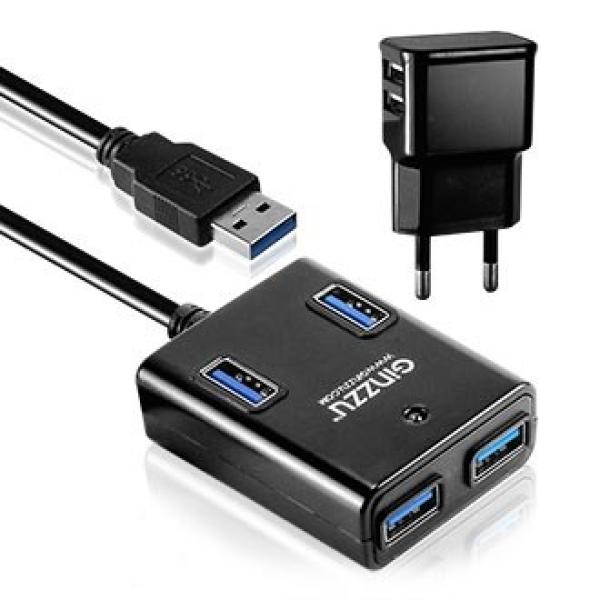 Разветвитель USB3.0 4*AF Ginzzu GR-384UAB, активный, БП, пластик, черный