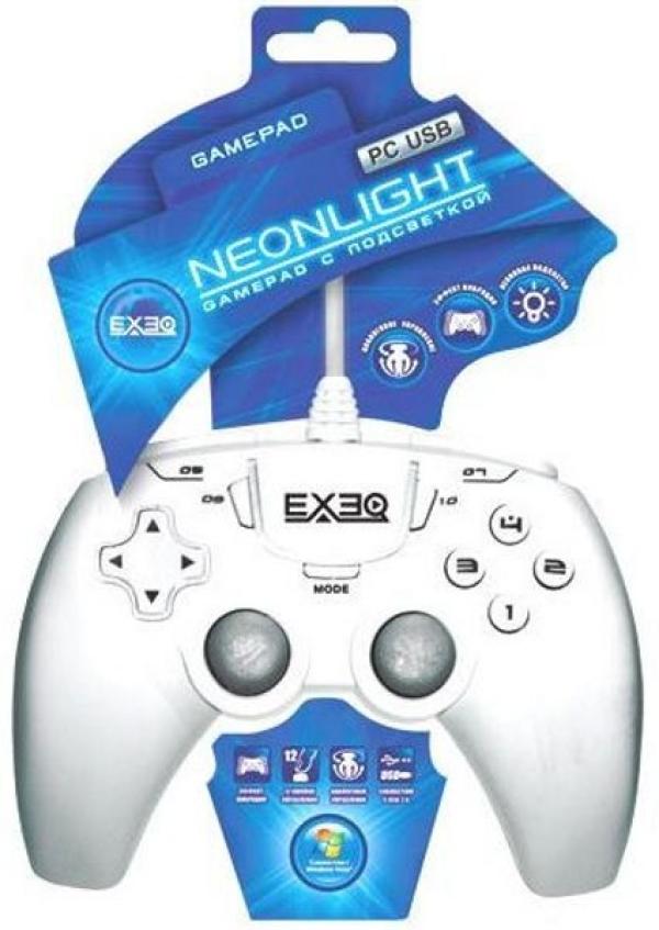 Игровой манипулятор GamePad для PC EXEQ NEONLight, USB, вибрация, 4 позиции, 7 кнопок, 2 аналоговых джойстика, 4 триггера, программируемый, подсветка, белый, eq-pcu-02010