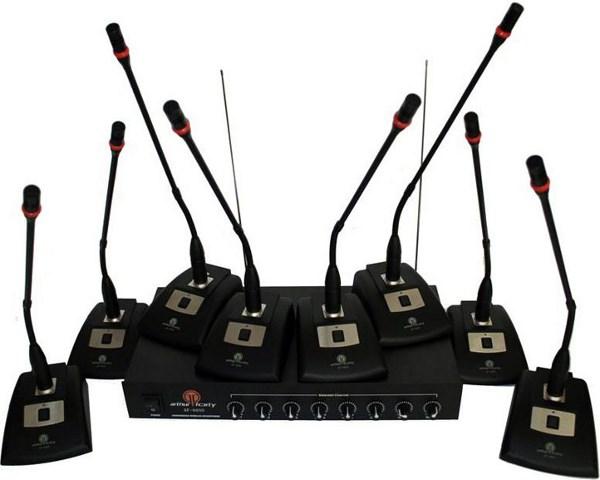 Комплект микрофоны беспроводные Arthur Forty AF-8800 PSC, 8 настольных микрофонов + приёмник, 220..270МГц, FM до 100м, 4*XLR, 80дБ, черный