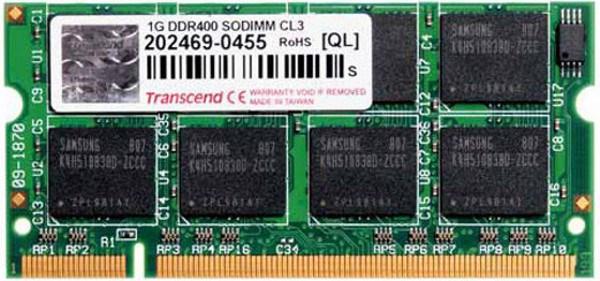 Оперативная память SO-DIMM DDR 1GB, 400МГц (PC3200) Transcend TS128MSD64V4A, retail