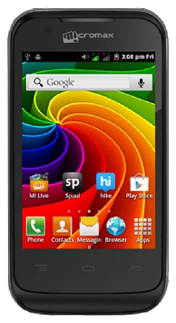 Смартфон 2*sim Micromax A28, 1*1ГГц, 3.5" 480*320, SD-micro/SDHC-micro, GSM/3G, BT, WiFi, G-sensor, радио, 2 камеры 0.3/0.3Мпикс, Android 2.3, 67.6*138.5*9.6мм, 148г, черный
