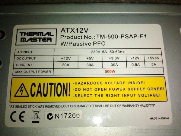 БП для корпуса ATX Thermal Master TM-500-PSAP-F1, 500Вт, 20+4pin, 4+4pin(CPU)/2*4pin(molex)/FD/3*SATA, 120*120мм, PFC