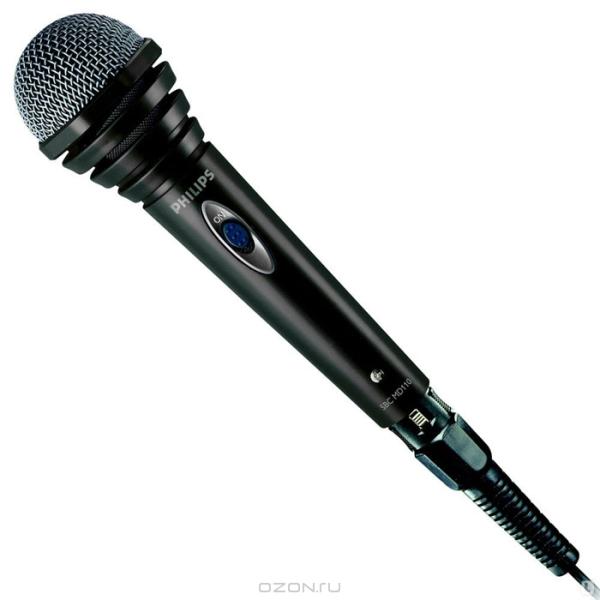 Микрофон Philips SBC MD110 Karaoke, 100..10000Гц, кабель 1.5м, MiniJack + адаптер, динамический, 80дБ, пластик, черный
