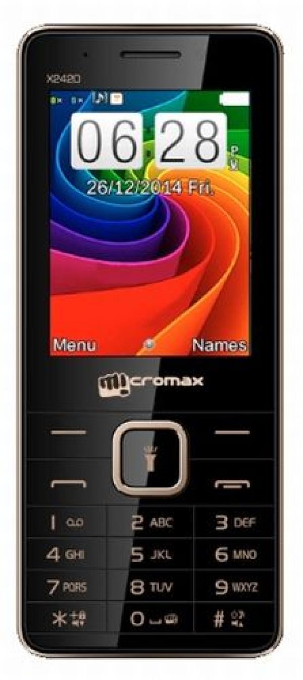 Мобильный телефон 2*SIM Micromax X2420, GSM900/1800, 2.4" 320*240, 2 камеры 2/0.3Мпикс, SD-micro, BT, запись видео, диктофон, WAP, MP3 плеер, FM радио, 49.8*118.5*9.4мм 76г, черный