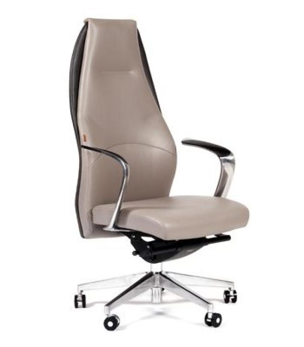 Кресло Chairman BASIC, серый, кожа/кожзаменитель, механизм качания TMF, закругленные подлокотники с пластиковыми накладками, крестовина - хром, регулировка высоты сиденья - газлифт, до 120кг, 2 места
