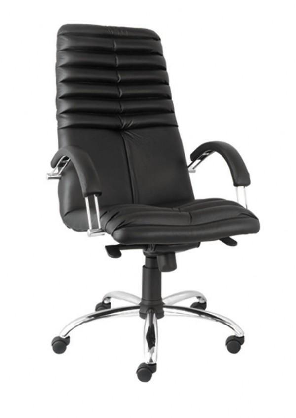 Кресло NS GALAXY Steell Chrome SP-A, черный, кожа, механизм качания MB, подлокотники закругленные с кожаными вставками, крестовина - хром, регулировка высоты - газлифт, до 100кг