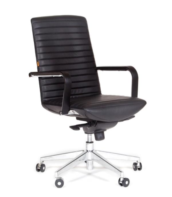Кресло Chairman EVO M, черный, кожа-кожзаменитель, низкая спинка, механизм качания TG, подлокотники закругленные с кожаными вставками, крестовина - хром, регулировка высоты сиденья - газлифт, до 120кг