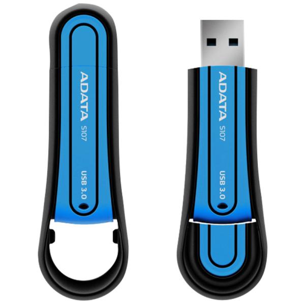Флэш-накопитель USB3.0   8GB A-Data S107 AS107-8G-RBL, 100/25МБ/сек, прорезиненный, брызгозащищенный, противоударный, синий-черный