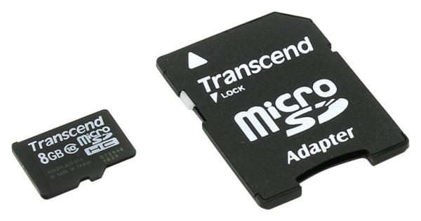 Карта памяти SDHC-micro (TransFlash)  8GB Transcend TS8GUSDHC10, class 10, с адаптером SD
