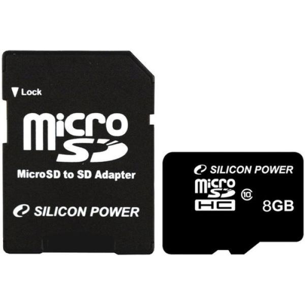 Карта памяти SDHC-micro (TransFlash)  8GB Silicon Power SP008GBSTH010V10-SP, class 10, с адаптером SD