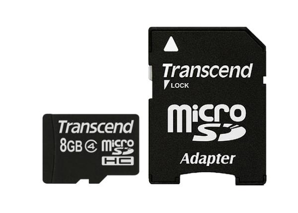 Карта памяти SDHC-micro (TransFlash)  8GB Transcend TS8GUSDHC4, class 4, с адаптером SD