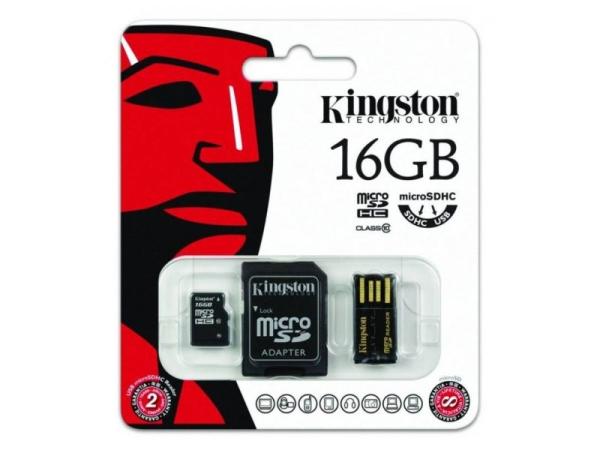 Карта памяти SDHC-micro (TransFlash) 16GB Kingston MBLY10G2/16GB, class 10, с адаптером SD + USB2.0