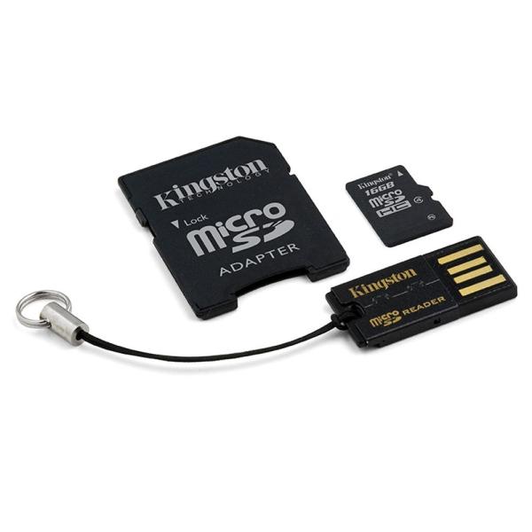 Карта памяти SDHC-micro (TransFlash) 16GB Kingston MBLY4G2/16GB, class 4, с адаптером SD + USB2.0