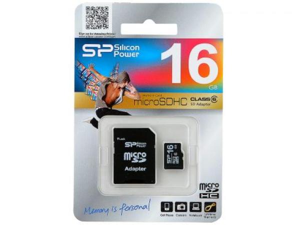 Карта памяти SDHC-micro (TransFlash) 16GB Silicon Power SP016GBSTH006V10-SP, class 6, с адаптером SD