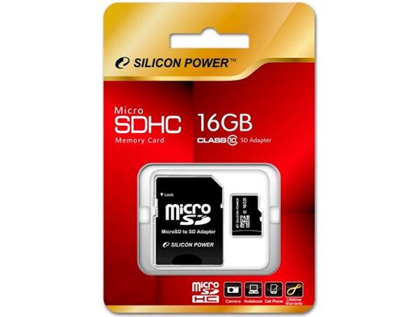 Карта памяти SDHC-micro (TransFlash) 16GB Silicon Power SP016GBSTH010V10-SP, class 10, с адаптером SD