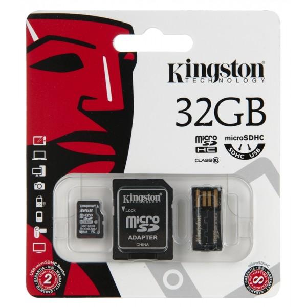 Карта памяти SDHC-micro (TransFlash) 32GB Kingston MBLY10G2/32GB, class 10, UHC-I, с адаптером SD + USB2.0