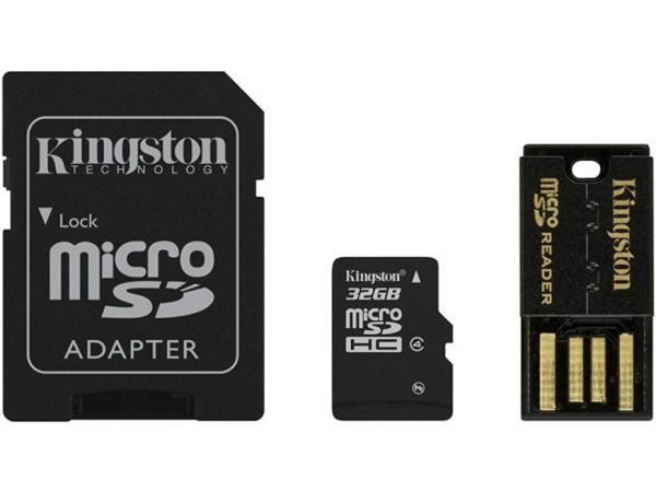 Карта памяти SDHC-micro (TransFlash) 32GB Kingston MBLY4G2/32GB, class 4, с адаптером SD + USB2.0