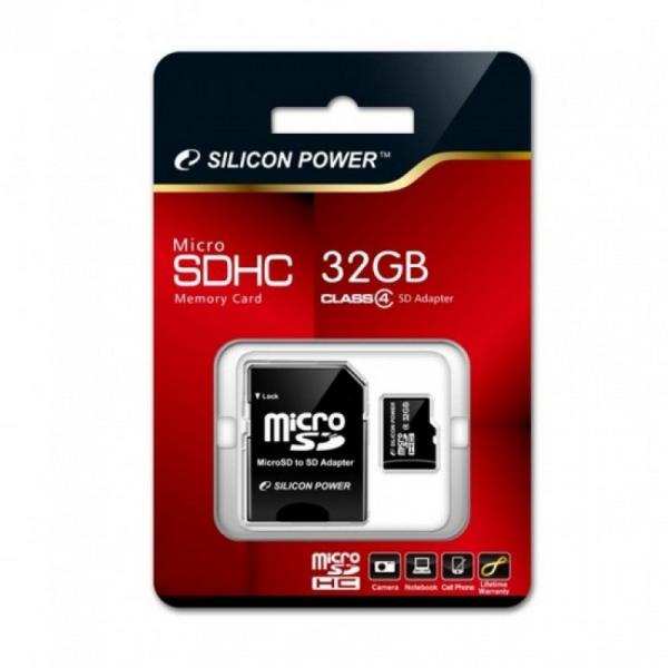 Карта памяти SDHC-micro (TransFlash) 32GB Silicon Power SP032GBSTH004V10-SP, class 4, с адаптером SD