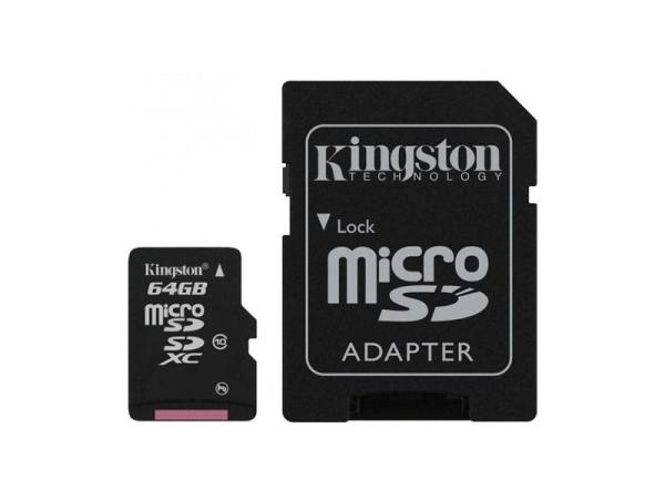 Карта памяти SDXC-micro  64GB Kingston SDCX10/64GB, class 10, UHS-I, с адаптером SD