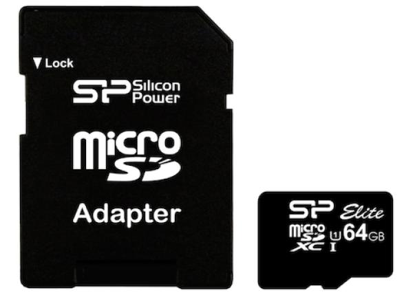 Карта памяти SDXC-micro  64GB Silicon Power SP064GBSTXBU1V10-SP, class 10, UHS-I, с адаптером SD