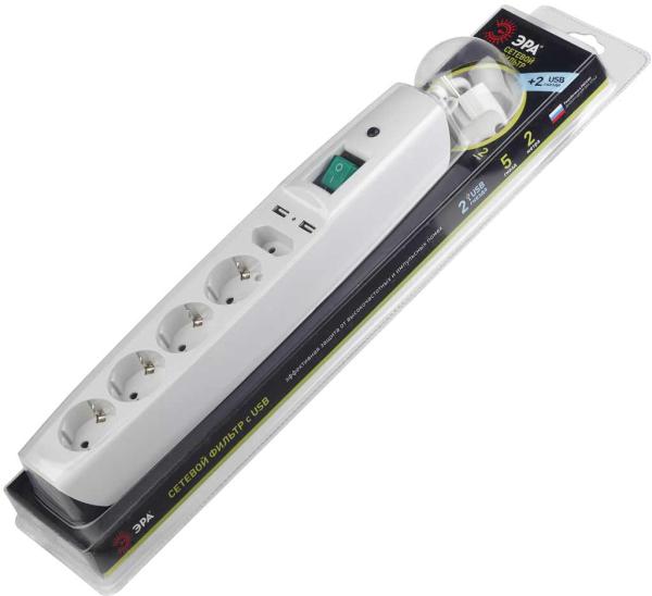 Сетевой фильтр Эра SFU-5es-2m-W, 5 евророзеток, 3*0.75мм2, 2м, 10А, 2.2кВт, 2*USB AF 1А, белый